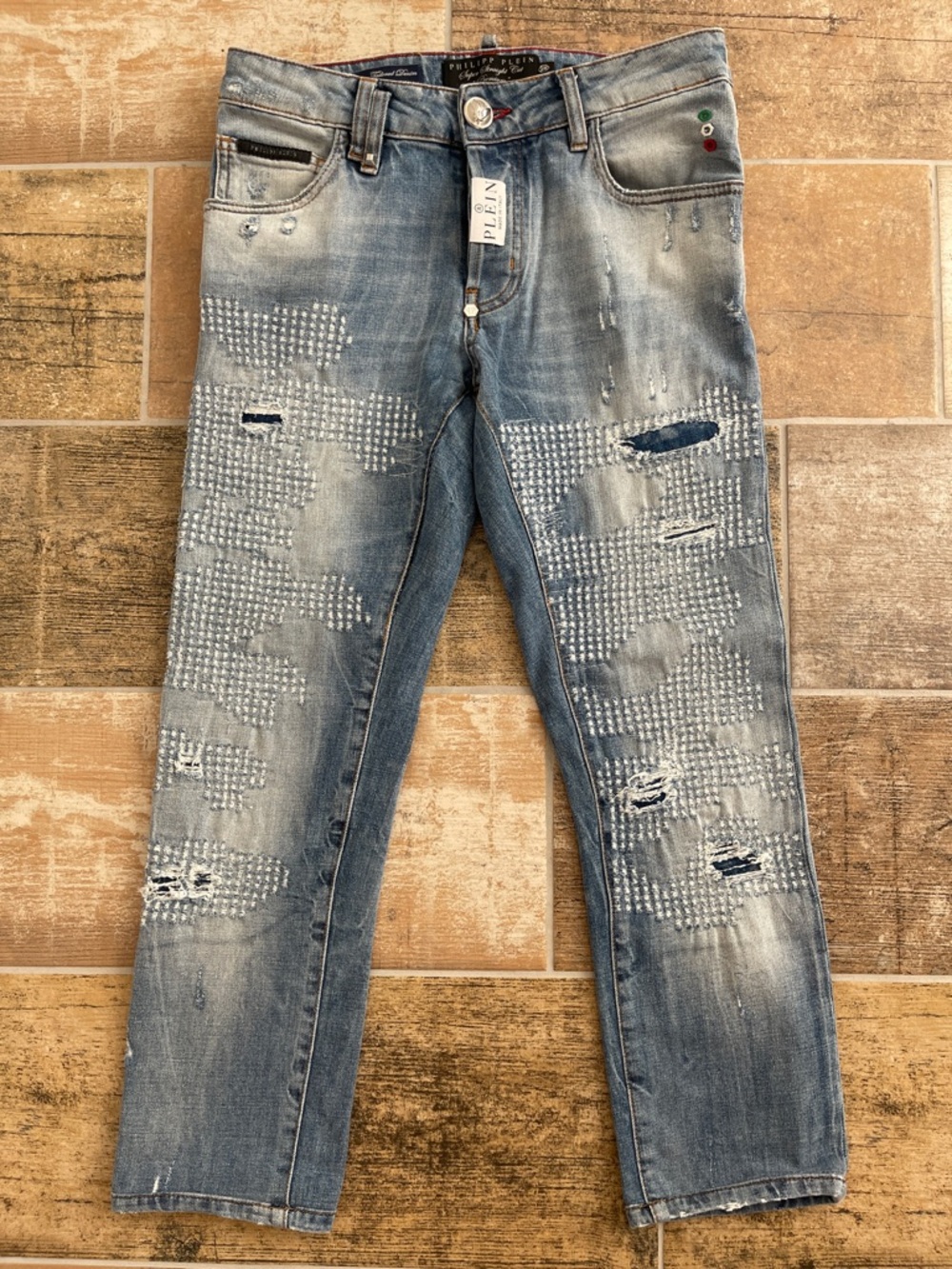 Philipp Plein Button Fly Super Straight Jeans Distressed Contrast Stitching 29
